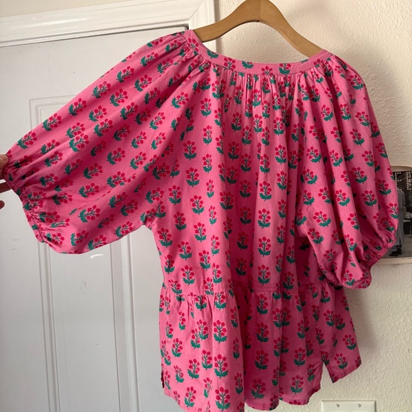 PRINTFRESH pink organic cotton floral puff short sleeve boxy cropped blouse top - Picture 3 of 9